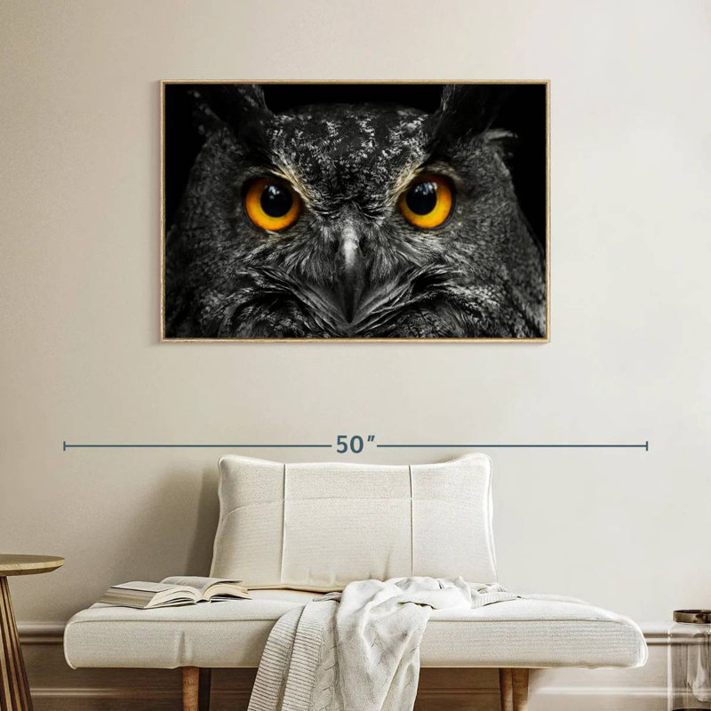 Hibou jaune, 40 po x 27 po, Cadre flottant en bois naturel