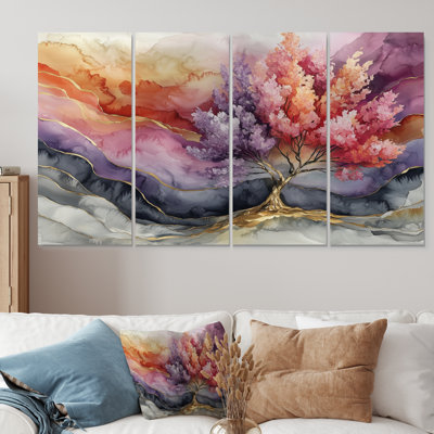 «Vibrant Tree Of Life Of Marble Ink» - art mural arbre de vie - décoration murale traditionnelle 4 pièces