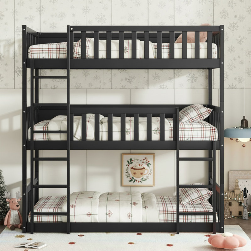 Modern Rubber Wood Twin Over Twin Over Twin Triple Bunk Bed - Detachable Design With Ladders & Full Guardrails, Astm F1427 Certified, Space-saving Furniture For 3 Kids/teens