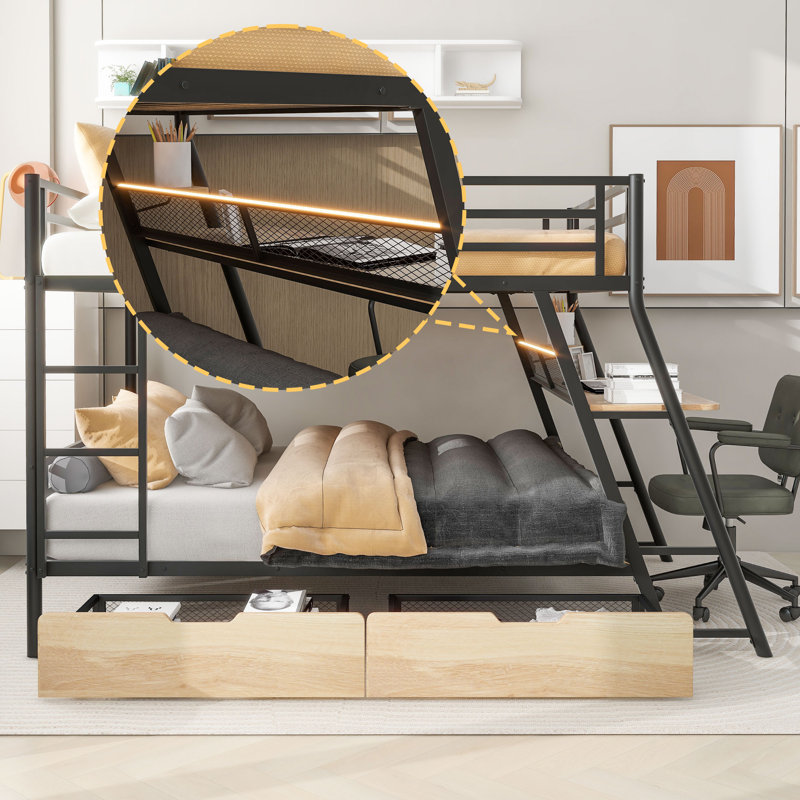 Zillah Metal Bunk Bed with Built-in Desk, Drawers and LED Light, Full over Full, Black/Oak