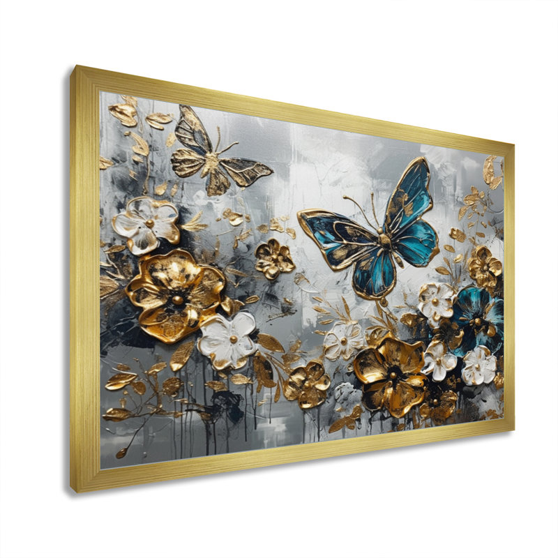 Ryllan, ailes de papillon bleu doré et fleurs V - impressions florales encadrées, H 12 po x l 20 po x P 1 po, Cadre doré