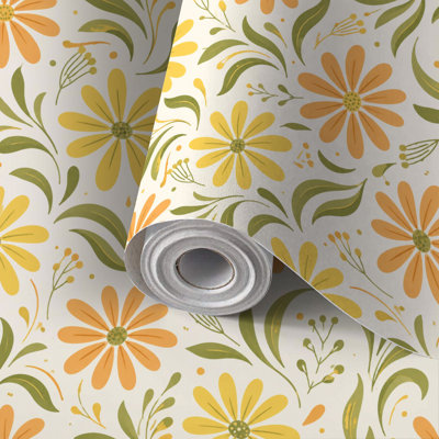 Peel and Stick Wallpaper Contact Paper Yellow Daisy Floral Green Leaves Beige Self Adhesive and Removable 17.7in x 118in(45x300cm)