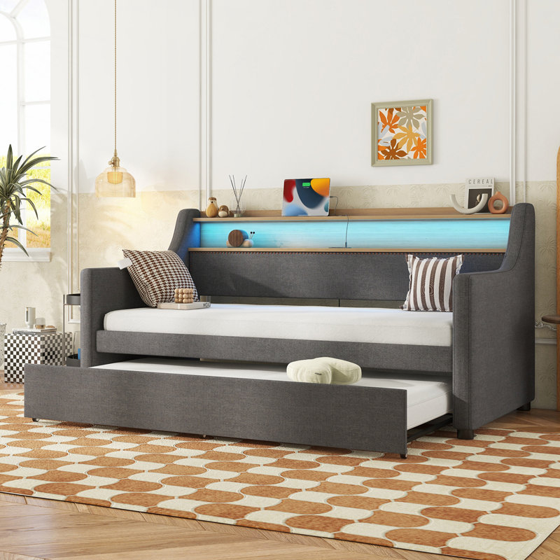 Daybed with Trundle, Upholstered Daybed with Charging Station and LED Lights, Gray/Walnut