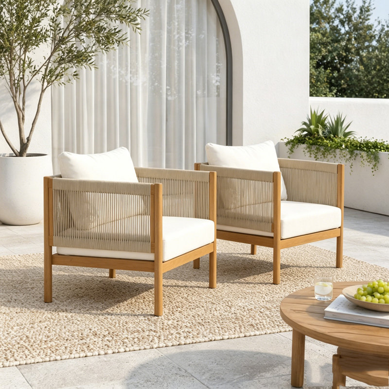Fauteuil club d'extérieur avec structure en bois d'acacia, Beige, crème, teck - 1 pièce