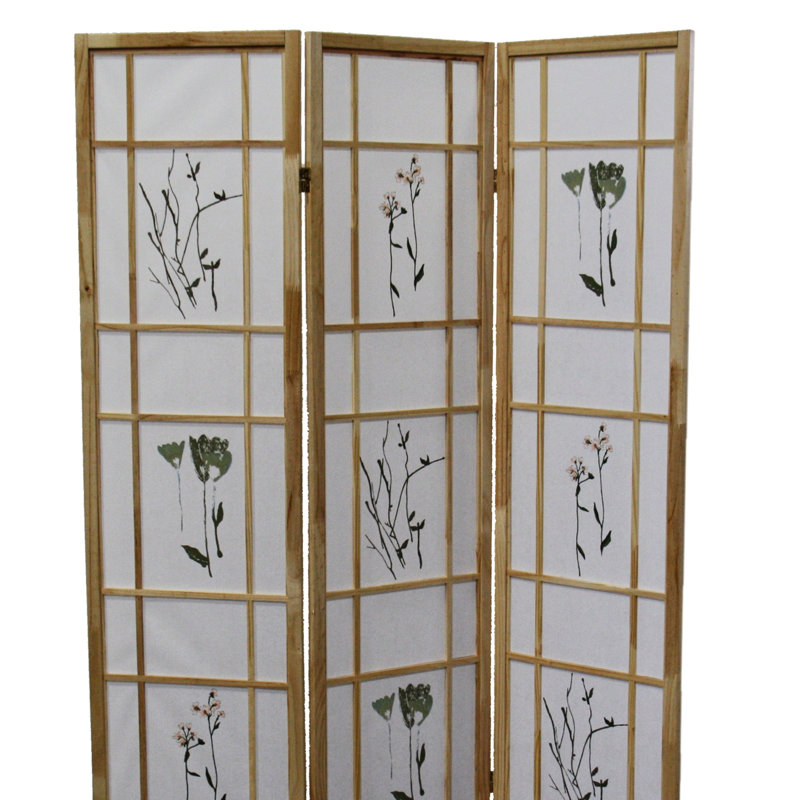 Cloison 3 traditionnelle de style asiatique de 70 po en pin massif naturel avec imprimé floral, paravent 50 po x 70 po H 3 pouces, finition, pin, style asiatique