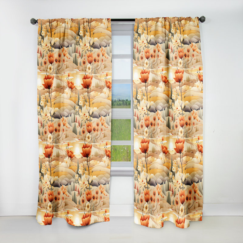Motif de fleurs de prairie beiges - Motif floral I - Panneaux de rideaux à motif floral, L 52 po x L 95 po