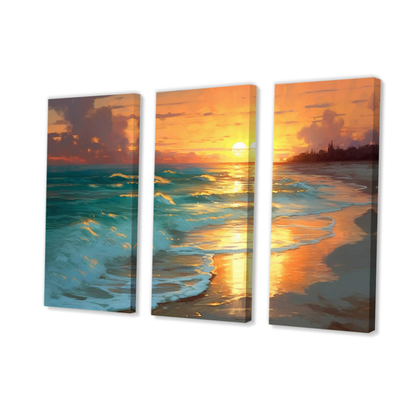 Sable et mer des Caraïbes bleue, reproduction sur toile 3 pièces, H 28 po x l 36 po x P 1 po