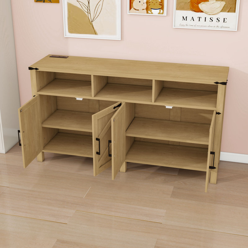 Buffet moderne avec prises électriques intégrées, rangement ouvert et tablettes réglables, Naturel