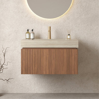 30" Bathroom Vanity&Sink, Floating Plywood Storage Cabinet with Drawer&Door, Roma Travertine Sintered Stone Top&Ceramic Basin with 1 Pre-drilled Faucet Hole, Pre-assembled, Brown Oak Woodgrain