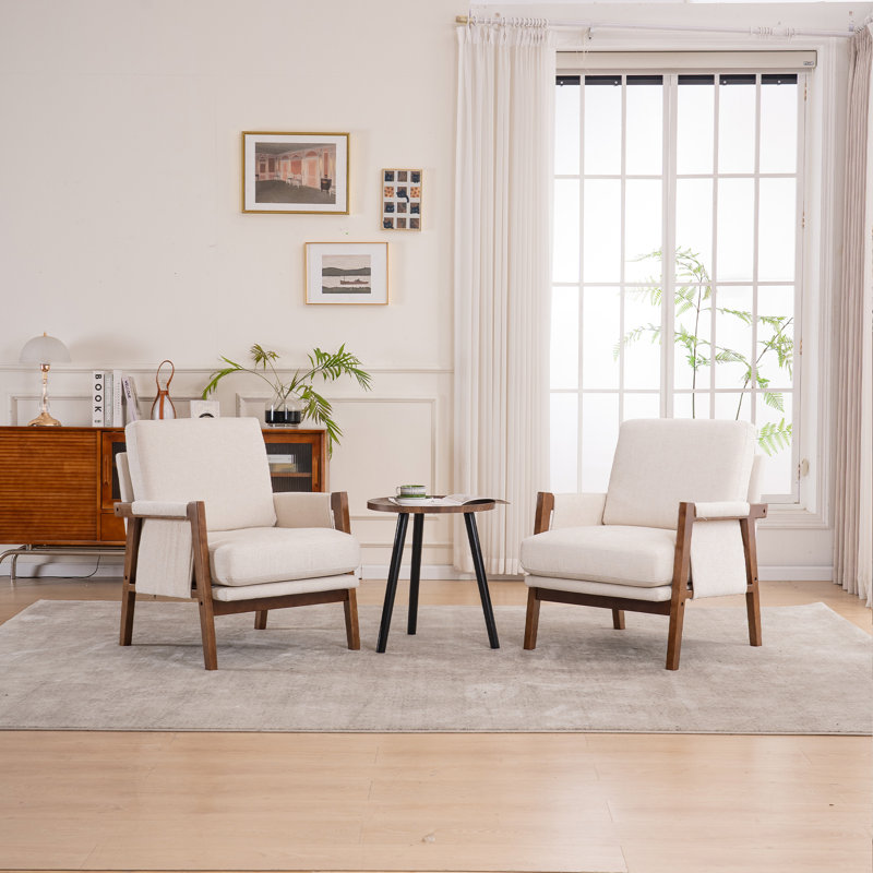 Quinze Mid Century Modern Upholstered Chenille Solid Wood Accent Armchair, Beige