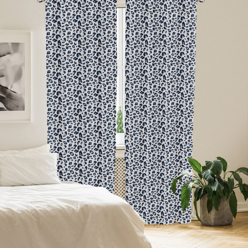 Leopard Print Blue and White Polyester Rod Pocket Curtain Panels, 84"