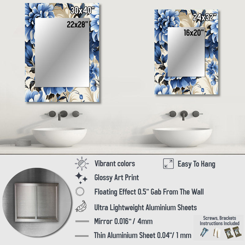 Kinney Victorian Cobalt Blue Filigree Victorian Pattern - Floral Unique Wall Mirror, Floral Mirror, Printed Metal Art