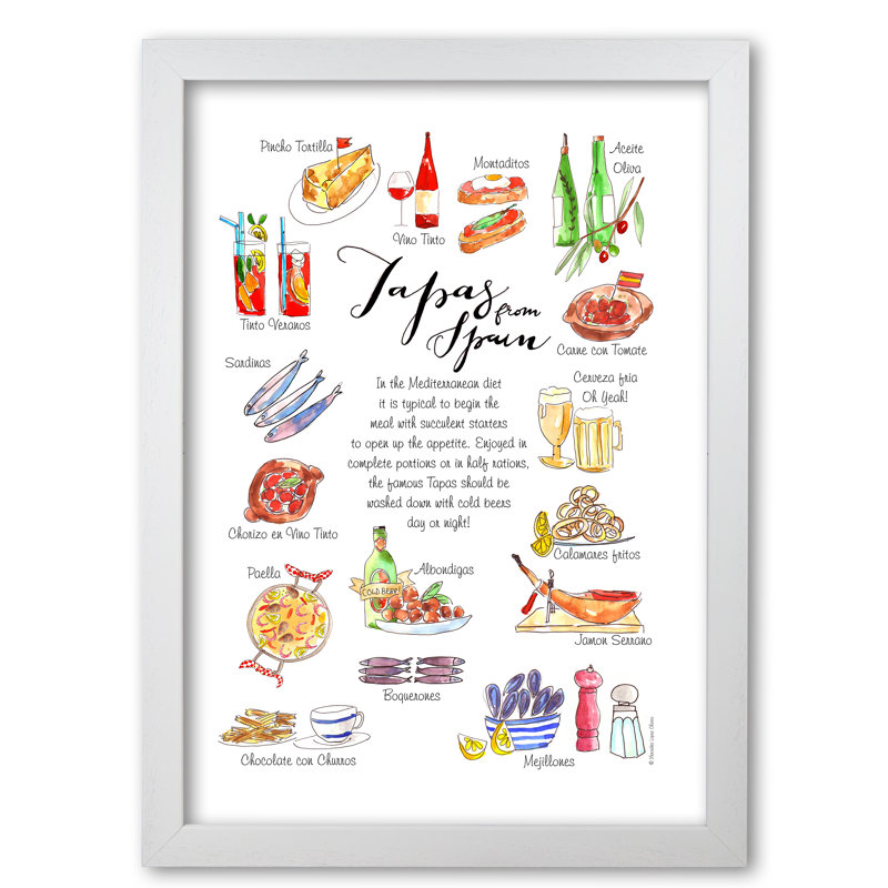 Spanish Tapas Ingredients - Print, White Grain, 84.1 cm H x 59.4 cm W x 5 cm D