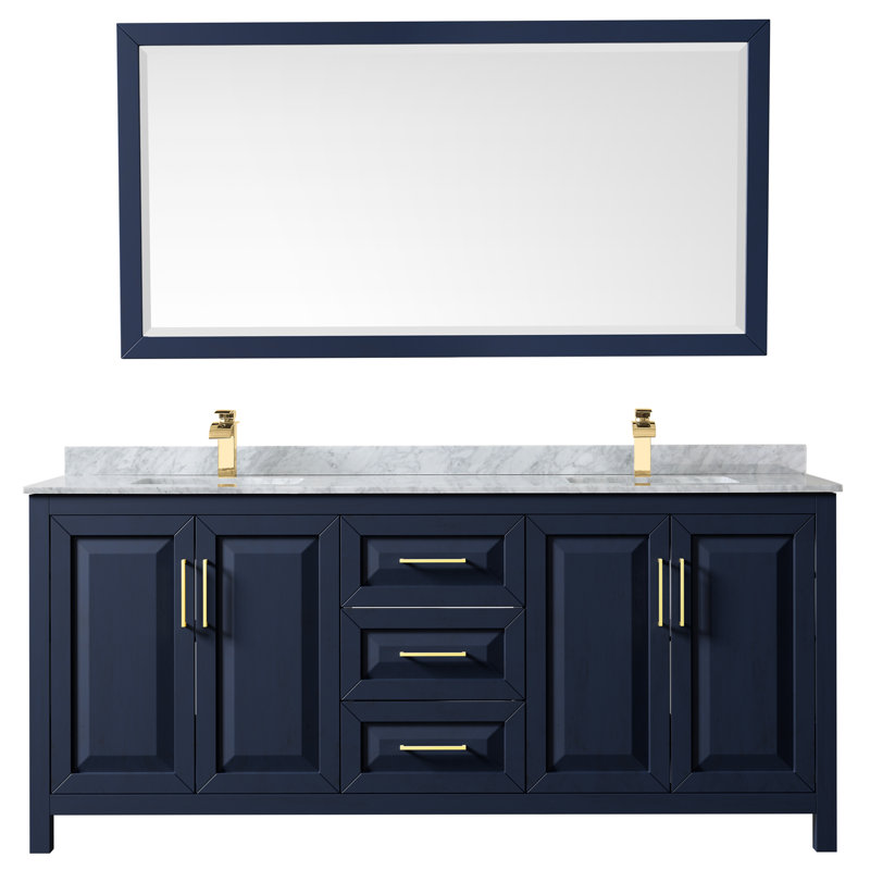Daria 80'' W Double Vanity, Dark Blue, Carrara Cultured Marble, Brushed Gold