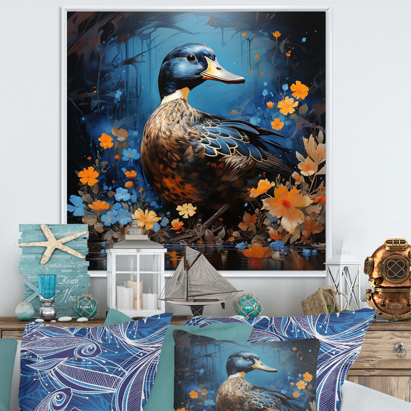 «Blue Duck Midnight Ponder II», art mural canard, Cadre flottant blanc, H 16 po x l 16 po x P 1 po