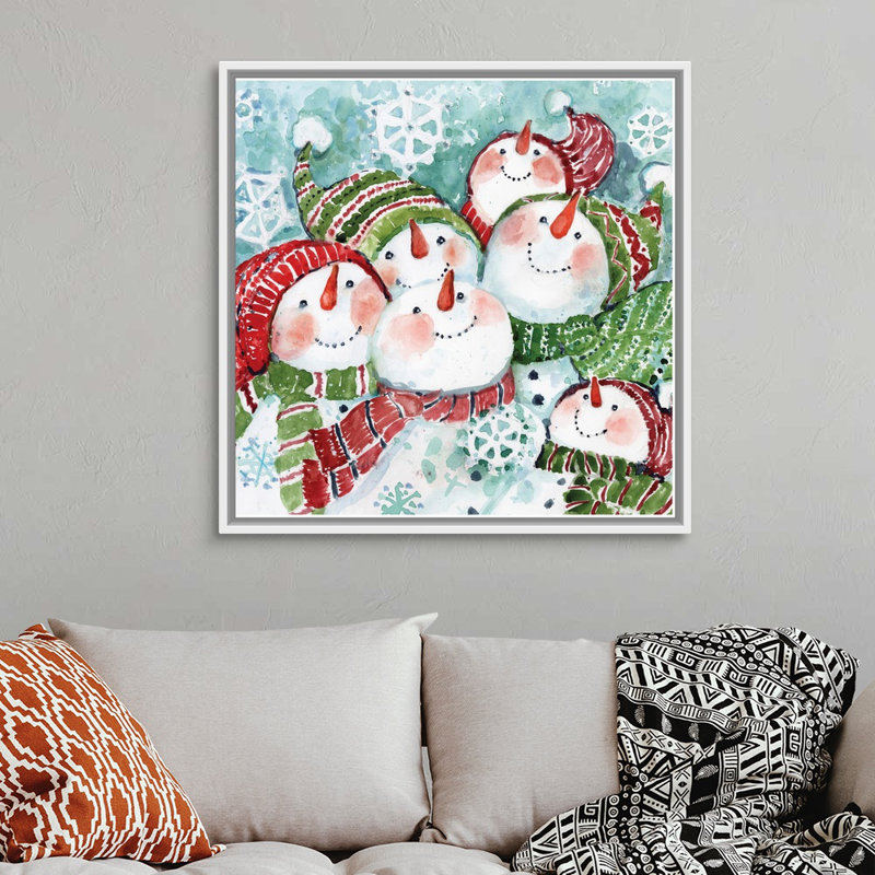 «Snowmen Friends» par Susan Winget - peinture sur toile à cadre flottant, H 37,25 po x l 37,25 po, Cadre noir