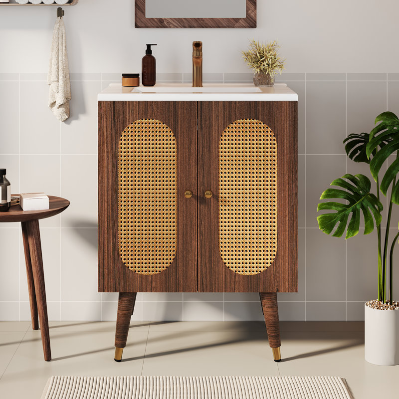 Ensemble de meuble-lavabo autoportant en rotin 24 po avec lavabo en céramique Balconera, Brun