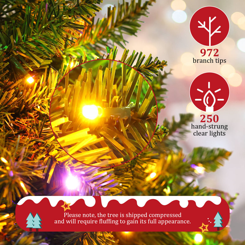 Arbre de Noël artificiel à forme allongée 6 pi avec base et lumières multicolores
