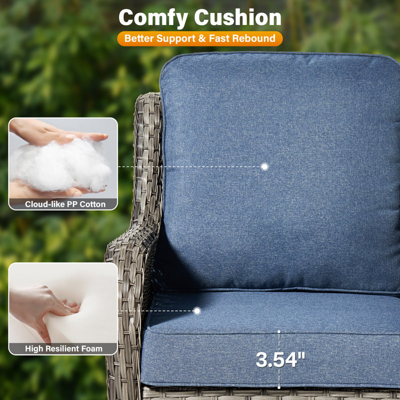 Thala Wicker/Rattan 3 Piece Patio Set with Cushions, Gray, Denim Blue