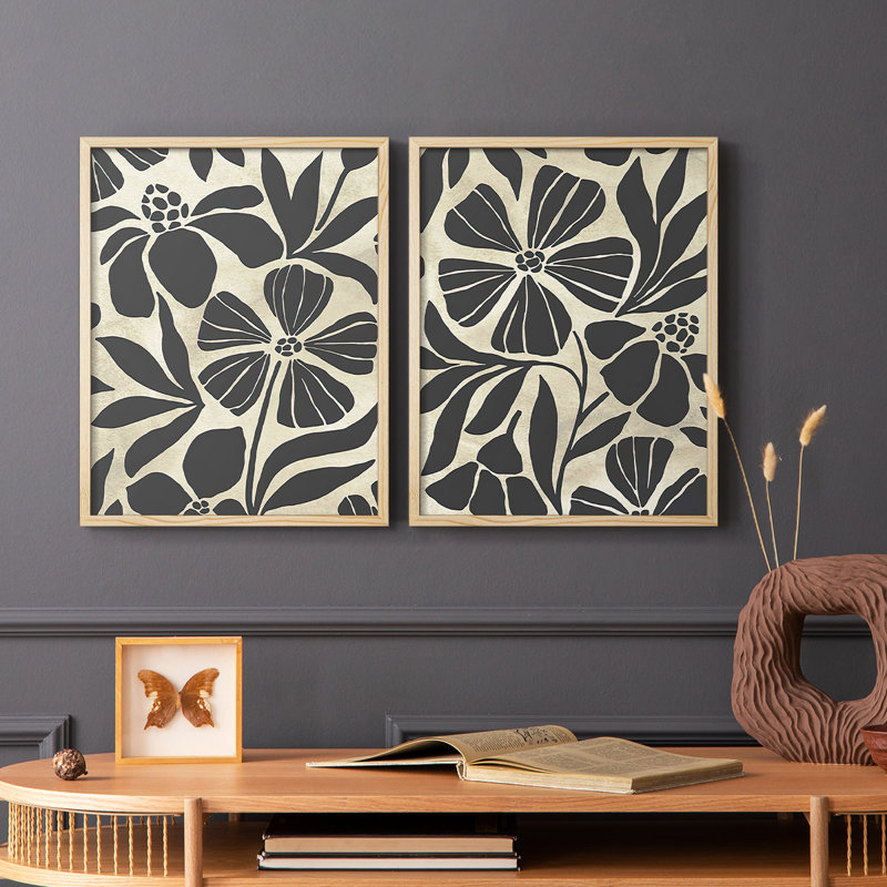 Linocut Garden I-Premium, impression encadrée - prête à être accrochée - aucun clou requis - aucun clou requis, Bois naturel