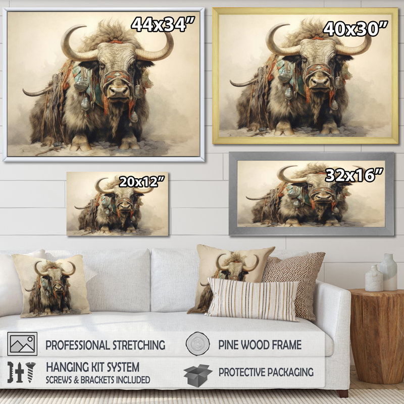 Wild Yak IV - Reproduction d'art sur toile, Cadre flottant noir, H 30 po x l 40 po x P 1,5 po