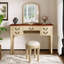 Coiffeuse 46 "avec miroir sculpté à fleurs, 5 tiroirs et tabouret en cuir - pieds en bois massif