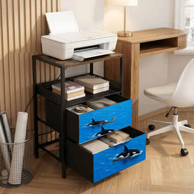 Table de chevet 2 tiroirs avec station de charge, table de chevet pour chambre avec ports USB et amp; Outlets, tablette ouverte noire, table de chevet avec imprimé de trois orques