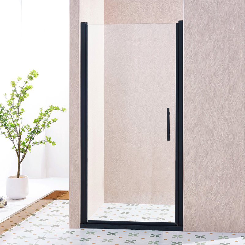 34-35.5"W X 75"H Pivot Single Swing Shower Door, Aluminium Alloy In Matte Black, 1/4" (6Mm) Thick SGCC Tempered Clear Glass.