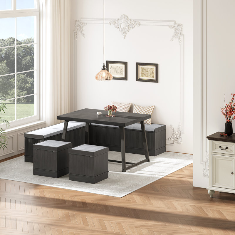 Simple And Stylish 5 Person Corner Breakfast Nook Set With Hidden Storage, Gray