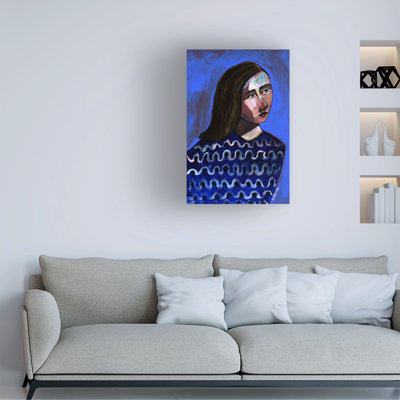 Bolog Sharyn Bursic  Woman In Blue Sweater Naive Portrait Figurative Canvas Art