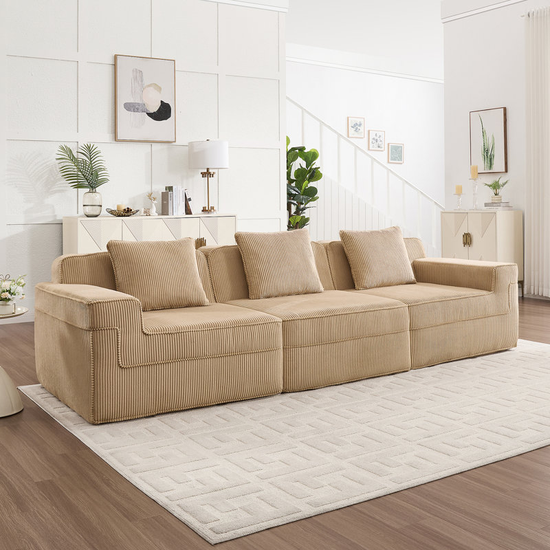 Canapé modulaire 3 places sans siège avec assise profonde, canapé modulaire Cloud avec coussins décoratifs et tissu en velours côtelé pour un confort ultime