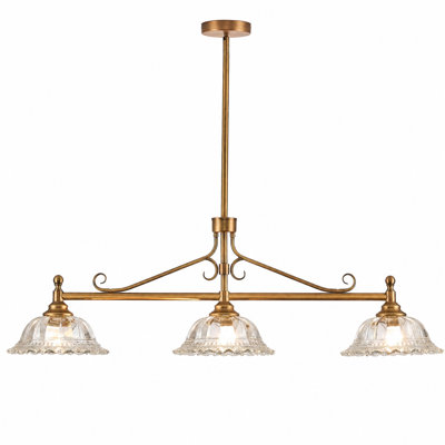 Lustre linéaire à 3 lumières en laiton antique avec abat-jour en verre transparent