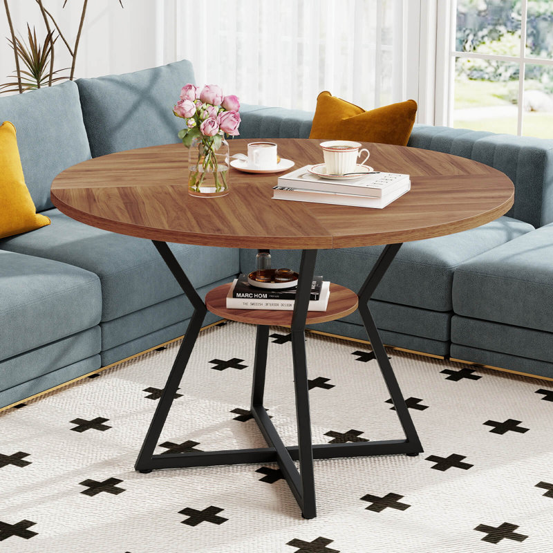 47” Round Dining Table for 4 with Storage Shelf, Wooden Tabletop, Metal Base