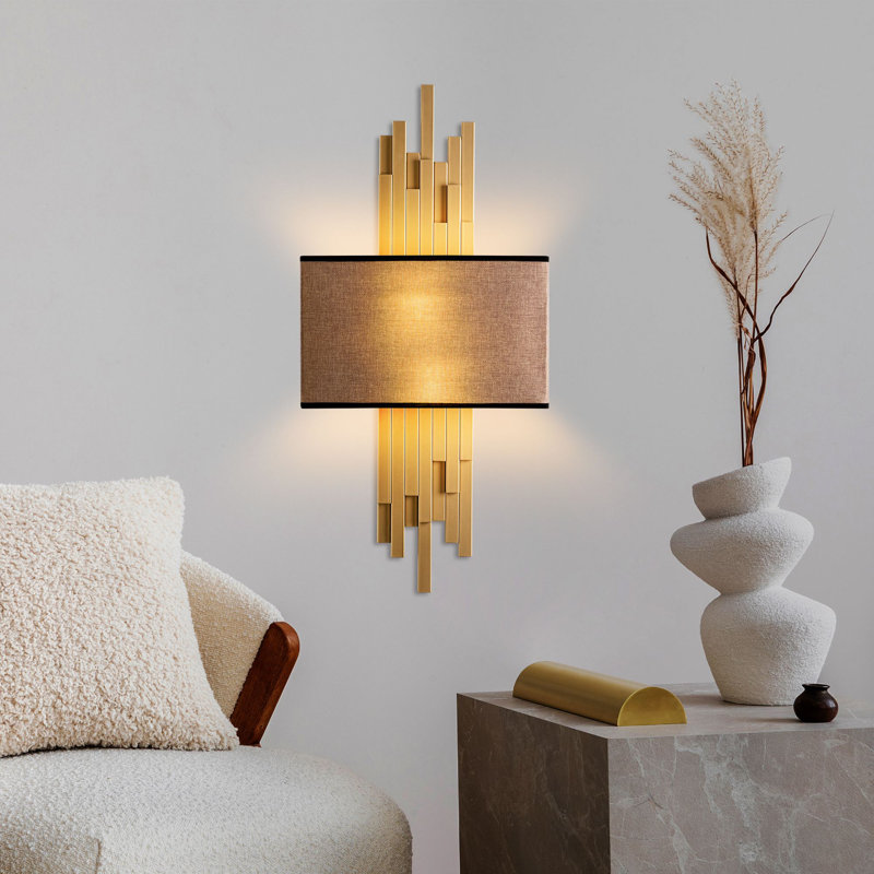 Elegant Wall Lamp with Metal Body & Fabric Cap, 13.8 x 29.5 x 3.9 Inches | 2 x E14 Max 40W Socket (Bulb Not Included) | Gold & Light Brown Finish, IP20 Rated | Perfect for Living Room, Bedroom & Hallway Decor