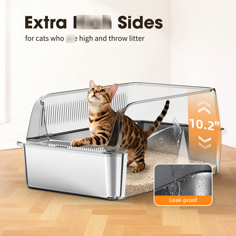 Bac à litière pour chat fabriqué en acier inoxydable et en ABS, à haut côtés pour arrêter les fuites, crochet inclus, odeur, lavable, profondeur de 23,32 po, largeur de 14,18 po, hauteur de 10,15 po, 3,32 lb avec design, pour le rangement