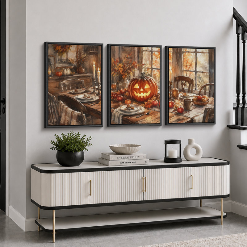 «Rustic Jack O Lantern», art de la salle à manger, photos de la salle à manger, impression sur toile encadrée, impression sur toile, 3 pièces 