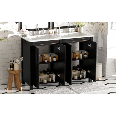 Meuble-lavabo vintage 48 po, lavabos doubles, bois massif et peinture d'usure