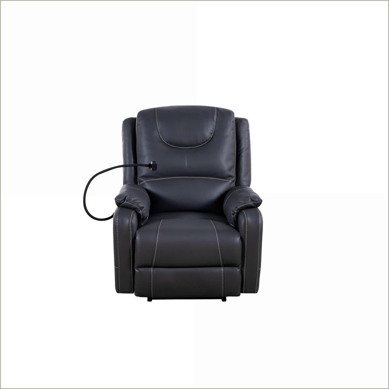Fauteuil inclinable électrique inclinable avec massage, chauffage, ports USB, support pour téléphone, poches latérales | Noir | Cuir retravaillé