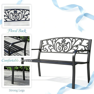 Banc de jardin d'extérieur 50 po à 2 places avec dossier floral 50 po - Causeuse de patio en acier résistant aux intempéries