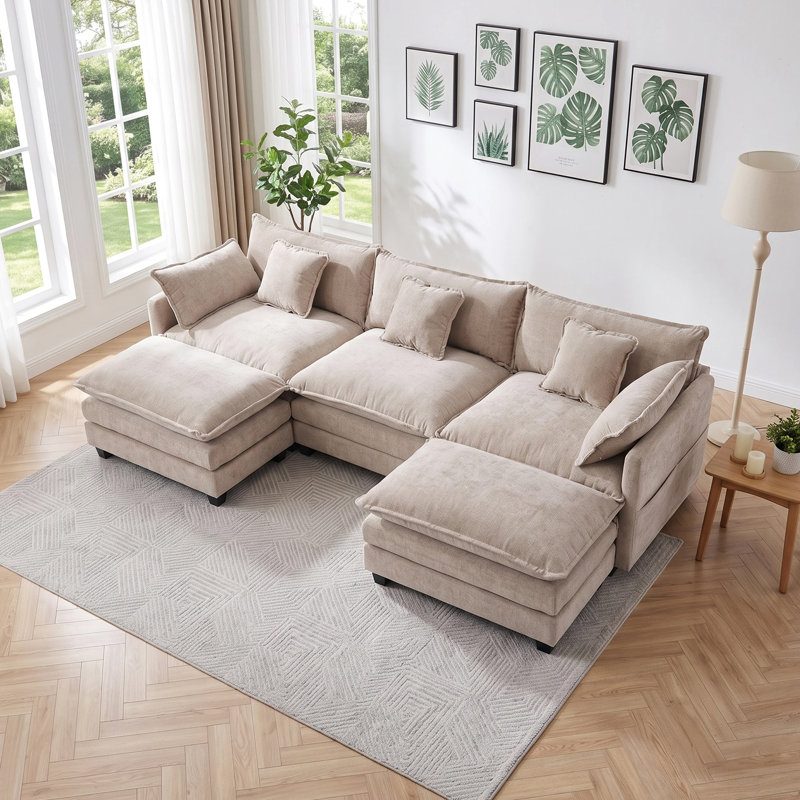 Canapé modulaire en U en chenille de 108 po de large avec 2 repose-pieds et coussins, Chenille beige