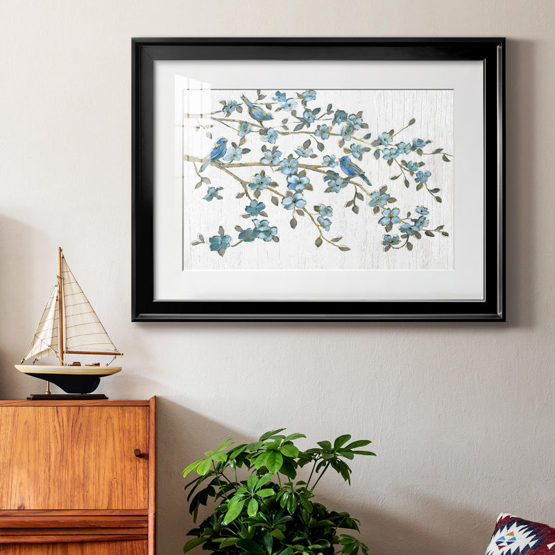 «Blooming Bluebirds», reproduction encadrée de qualité supérieure - prête à être accrochée, Cadre noir, Blanc