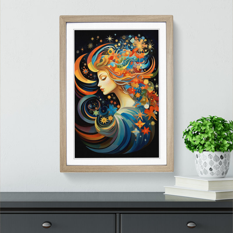 XYZ-FRM-V1223-6385 Virgo Zodiac Orphism No.2 - Single Picture Frame Print on Wood, 64cm H x 46cm W x 2cm D, Oak 