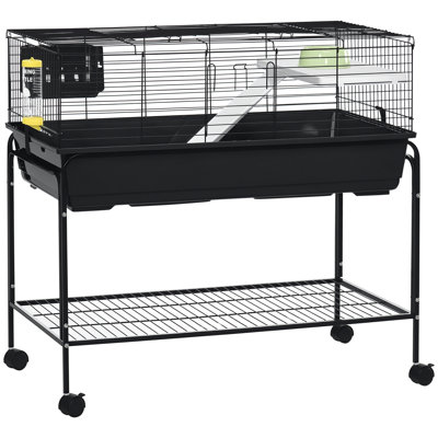 Two-Storey Small Animal Cage Removable from Stand, Guinea Pig Cage with Shelf & Wheels, Pet Habitat for Hedgehog, Chinchilla, Ferret, 39" x 20.5" x 36.5", Black