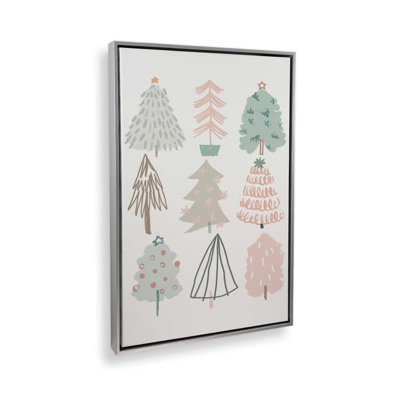 Playful Christmas Trees I Print on Canvas, 18.75" H x 12.75" W, Silver Floater Framed