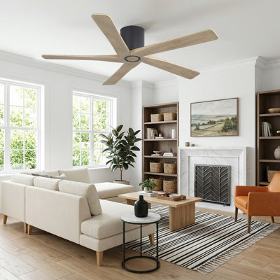 Ventilateur de plafond encastrable 48 po à 6 vitesses et 5 pales en bois sculpté à profil bas