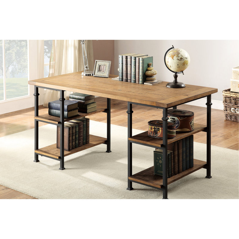 Bureau rustique en peuplier avec 4 tablettes, bois massif et métal, bureau de style industriel rétro en peuplier moderne, fabrication en métal