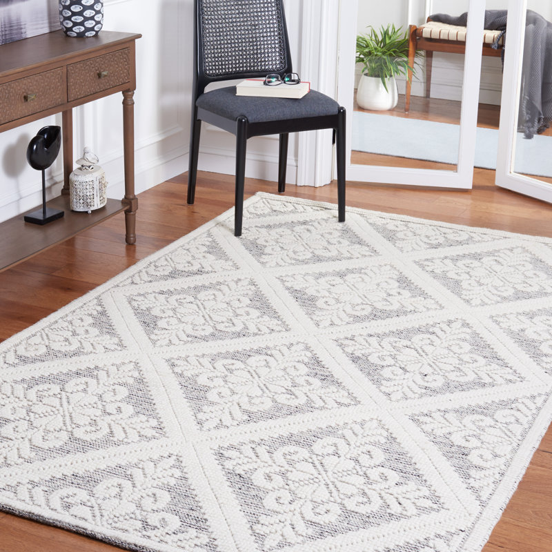 Tapis ivoire / gris en laine tissé à la main Goehring, Rectangle 6 pi x 9 pi