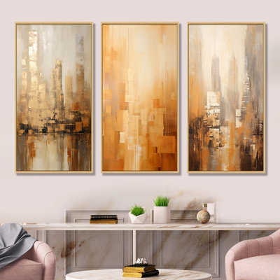«Kaki Peach Skyscrapers City», ensemble de 3 reproductions d'art sur toile Skyscrapers