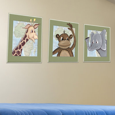 «Giraffe, Monkey, Elephant Triptych», ensemble de 3 impressions murales sur bois