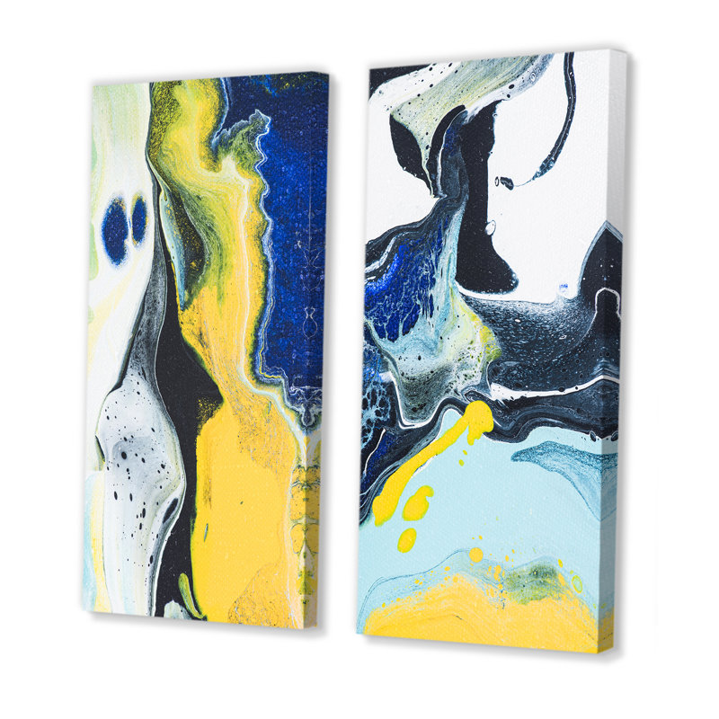 Art de marbre bleu foncé et jaune VI - ensemble de 2 peintures sur toile, Toile tendue, H 40 po x l 40 po x P 1 po
